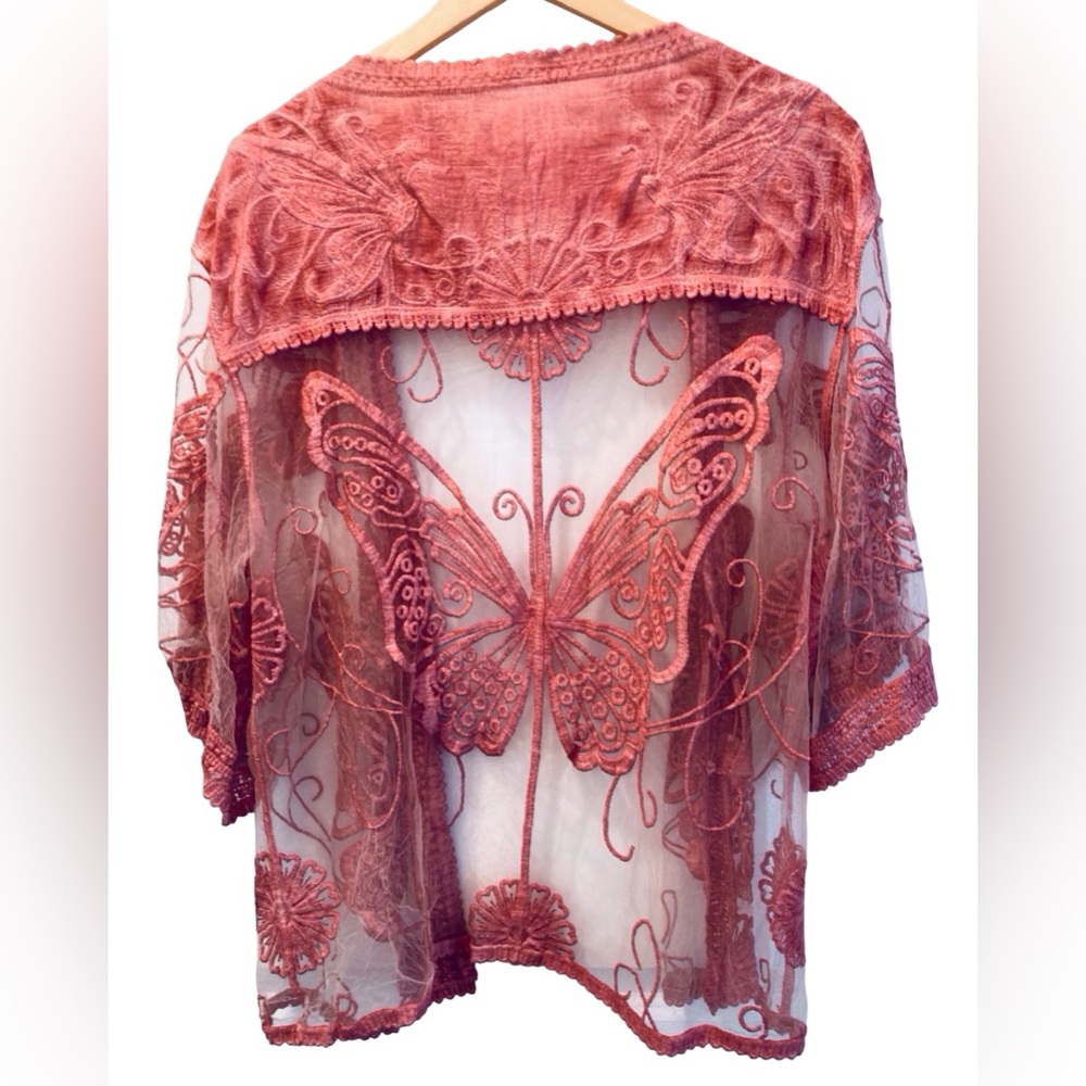 Simply Couture Butterfly Embroidered Sheer Mesh Kimono Cardigan Dusty Rose NWOT - Picture 4 of 6